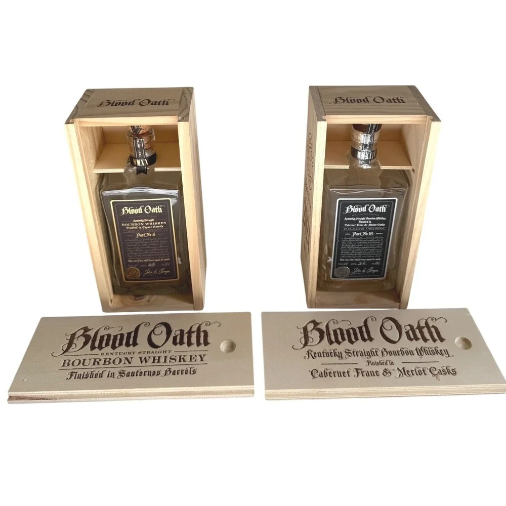 Blood Oath Bourbon Empty Bottles Pact No 7 and 10 with Wooden Display Boxes 2pk